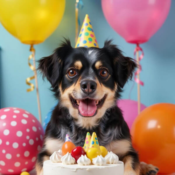 An AI image of a dog in a birthday hat