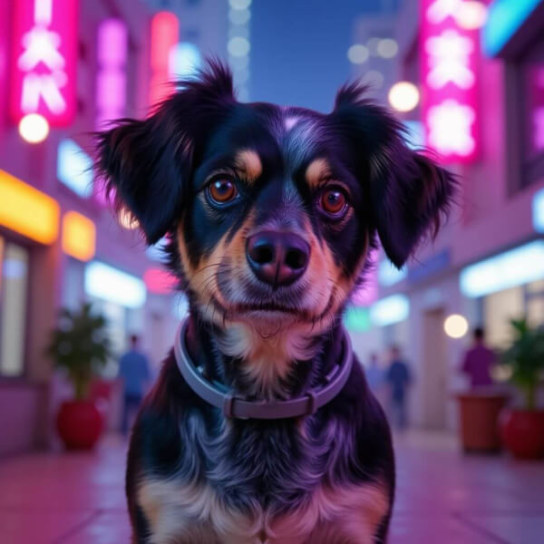 An AI image of a dog in a neon city scene