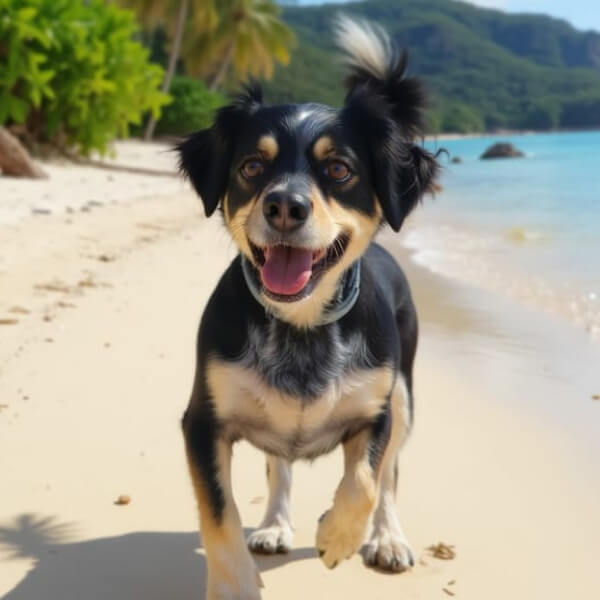 An AI image of a dog running on a beach