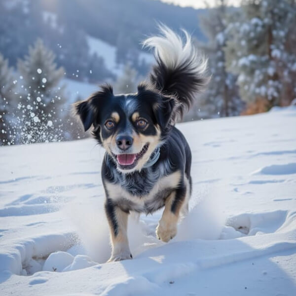 An AI image of a dog running in the snow